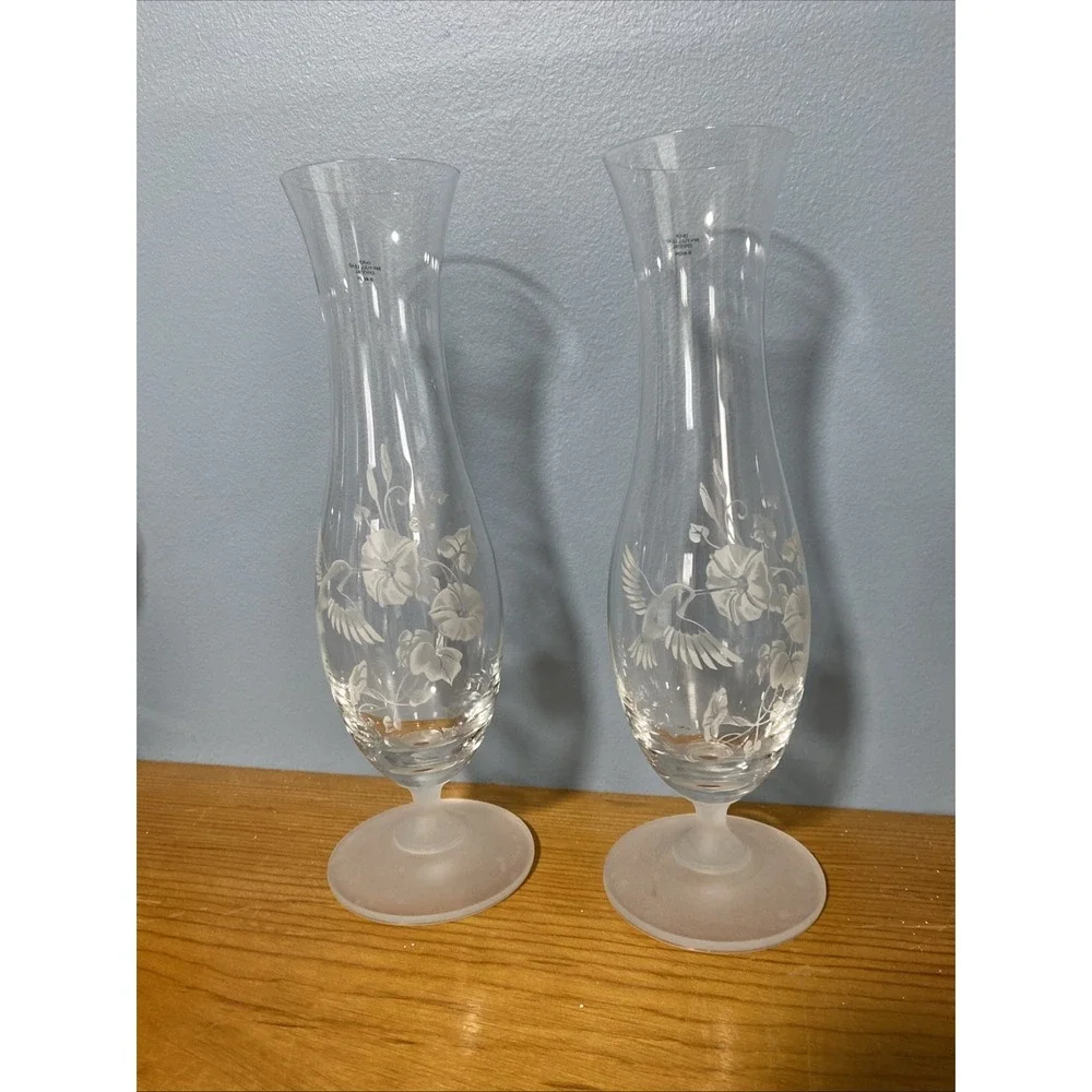Hummingbird Floral Etched Bud Vase Vintage Avon Over 24% Full Crystal